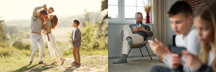 Contraste entre família idealizada feliz e realidade familiar marcada pelo uso de tecnologia